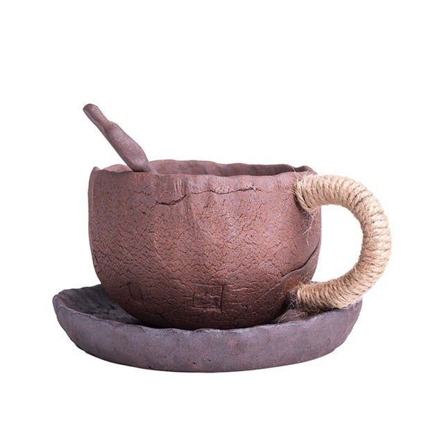 225ml Handmade Vintage Pottery Coffee Cup with Tray and Spoon Ceramic Coffee Mug Teacups Breakfast Milk Water Mugs Drinkware Art
